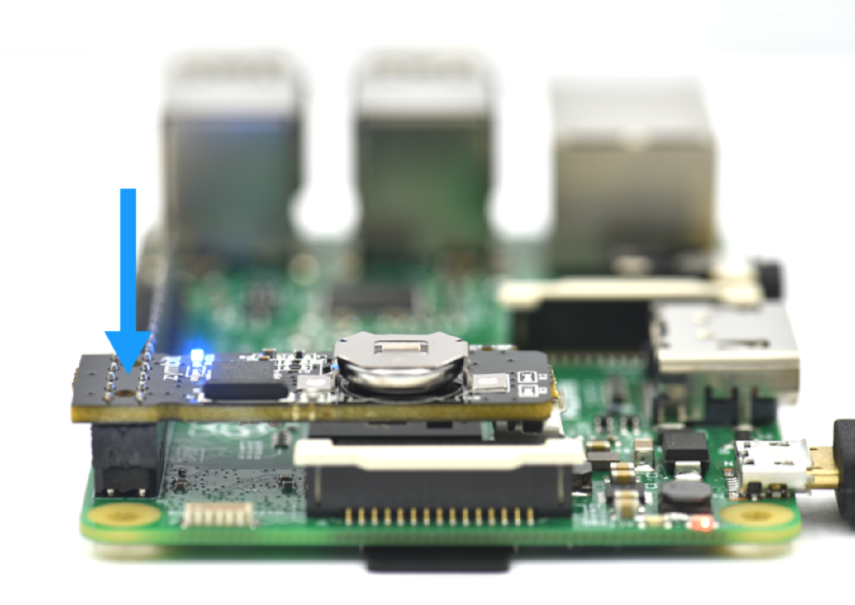 Alignment of the ZYMKEY4 on the Raspberry Pi GPIO header (side view)